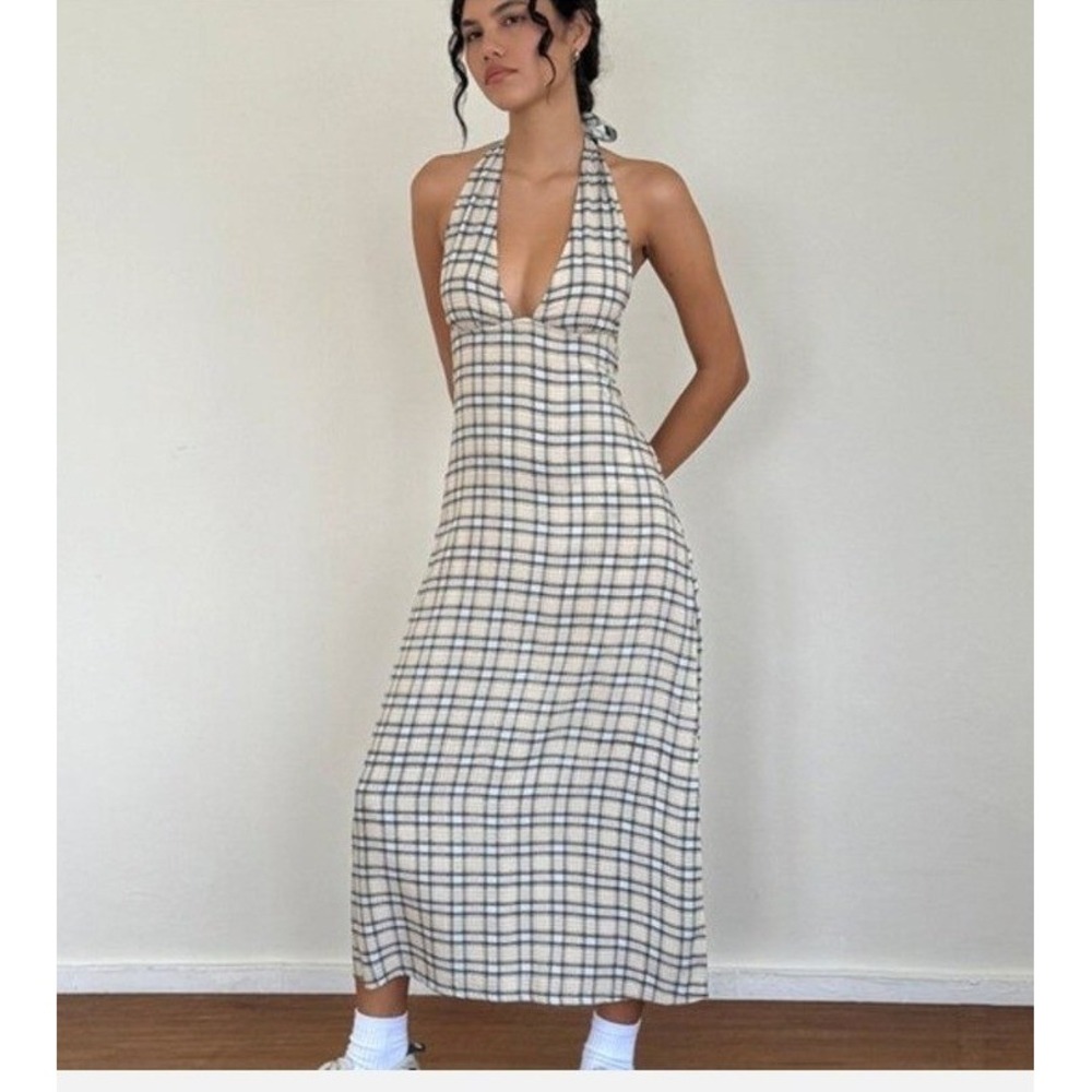Motel Rocks Dress Medium Tan Blue Plaid Halter Neck Open Back Lenata Midi